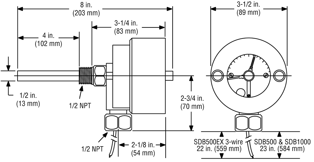 Dimensions SDB500, SDB500EX and SDB1000 Temperature Gauges