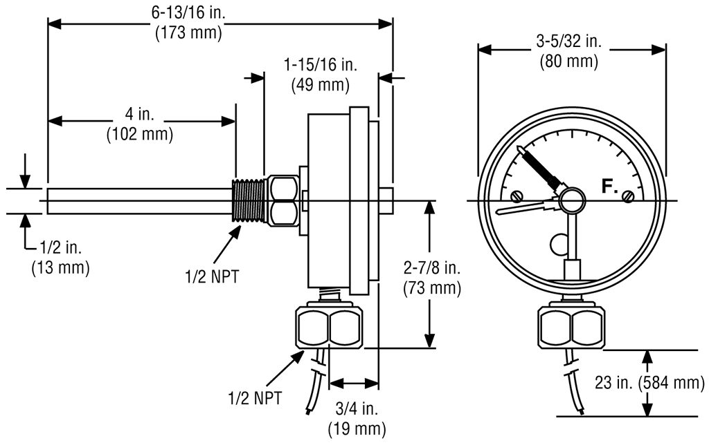 Dimensions SDB501 Temperature Gauges